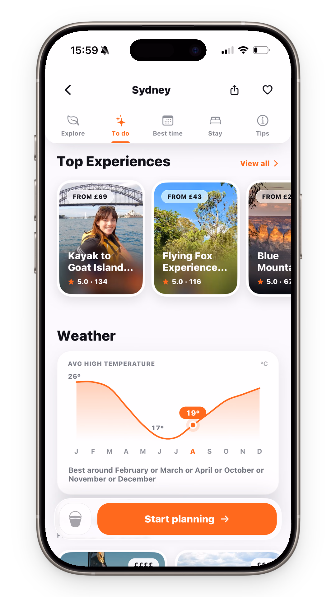 TripMemo Sydney guide showing bookable experiences and the best time to visit