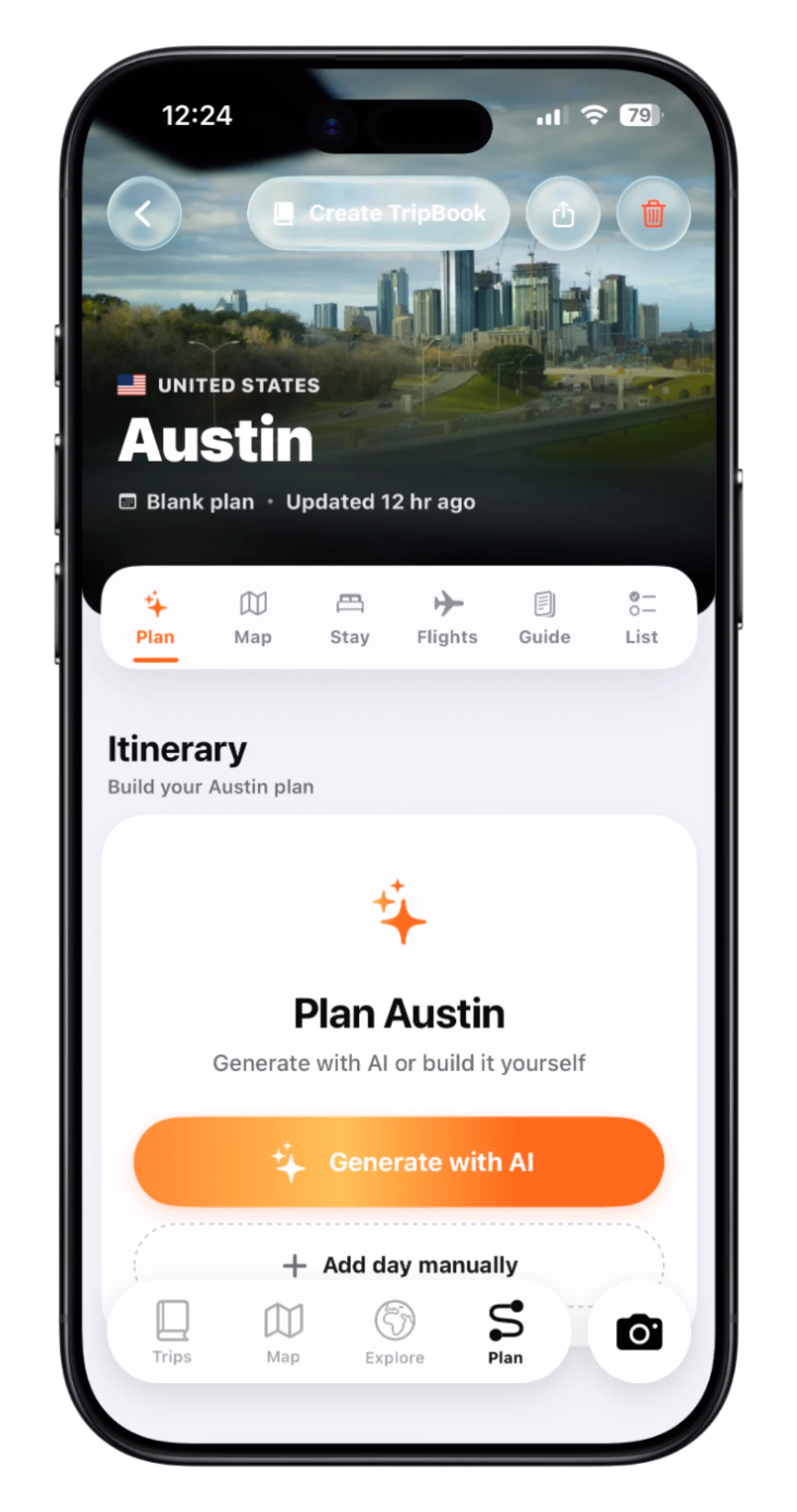 TripMemo destination plan with itinerary, map, stays, flights, guide and lists