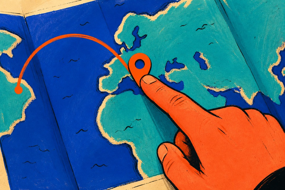 Illustrated hand choosing a location on a world map
