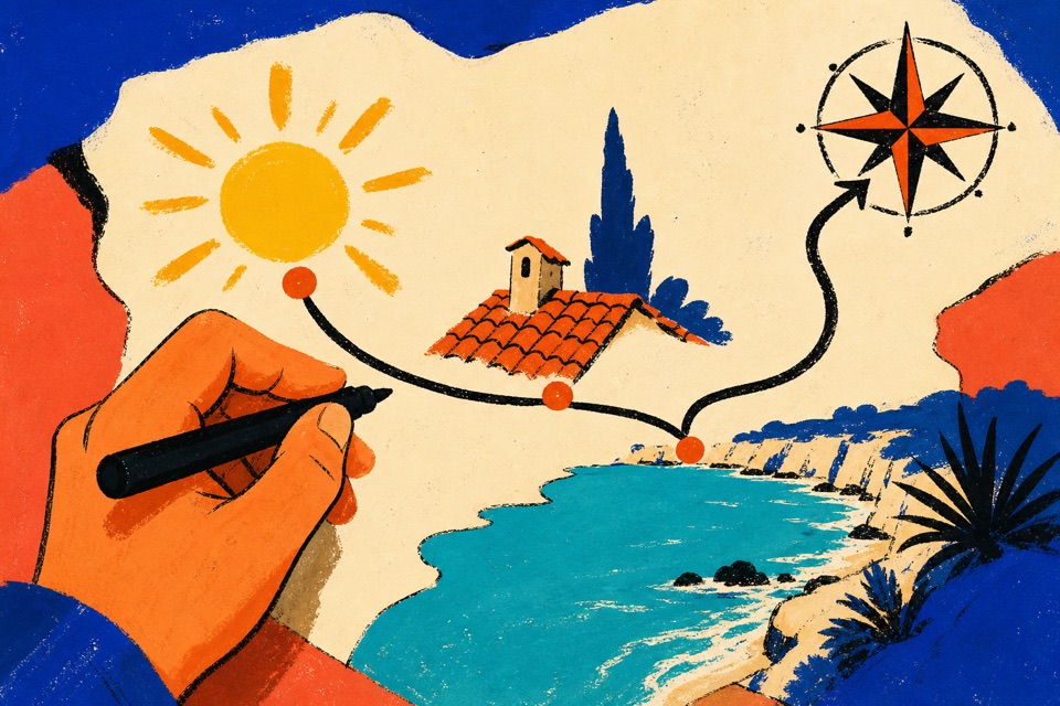 Illustrated hand connecting travel clues into a location