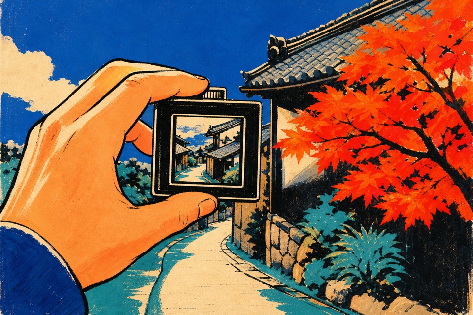 Illustrated hand studying visual clues in a Kyoto street