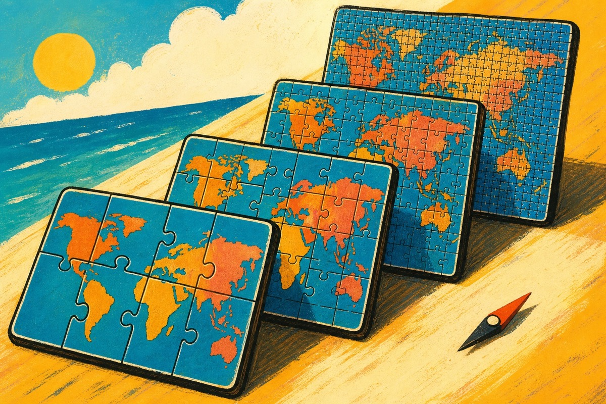 Four illustrated world map puzzles arranged in progressively harder levels
