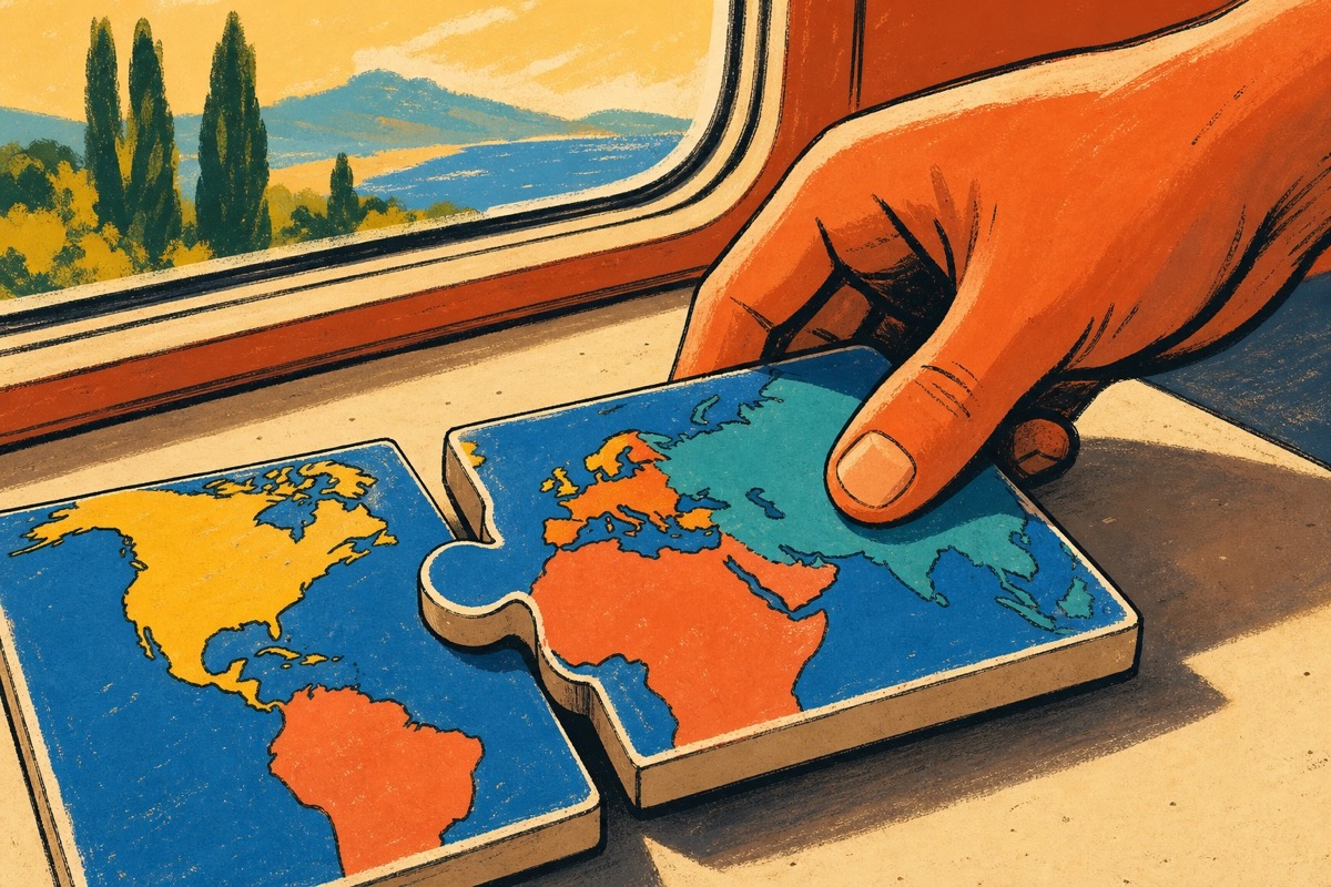 Hand sliding two illustrated world map puzzle tiles together on a train table