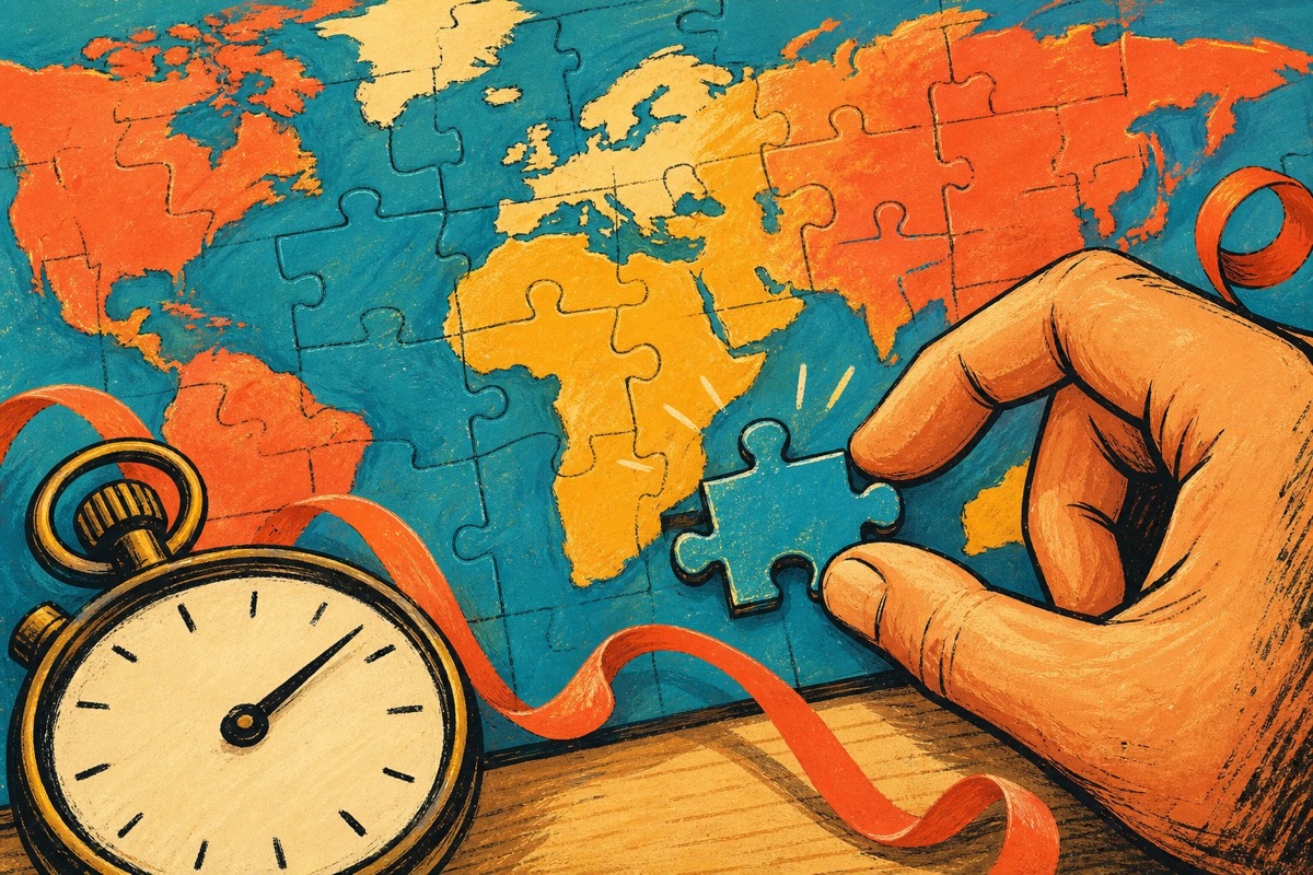 Hand fitting the final world map puzzle piece beside a stopwatch