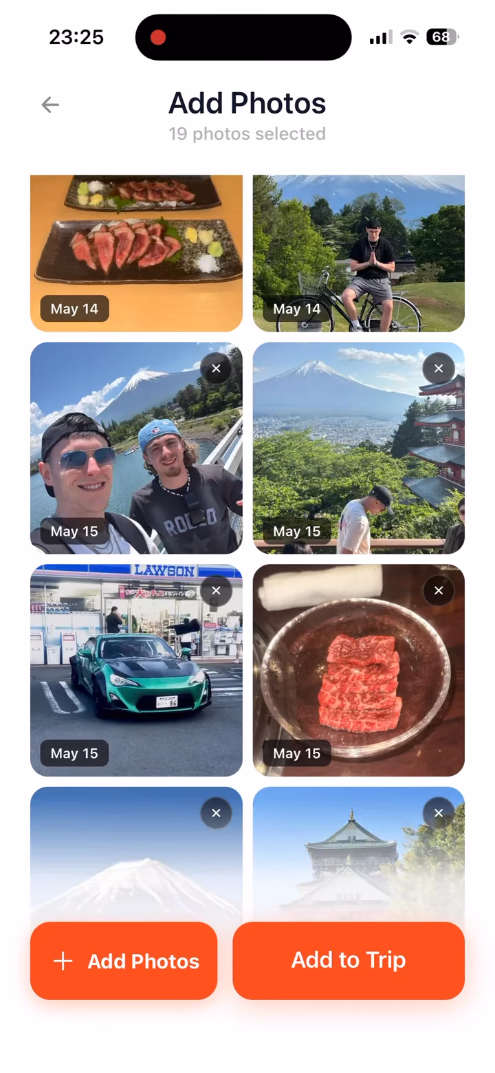 TripMemo photo selection with travel photos ready to add while offline