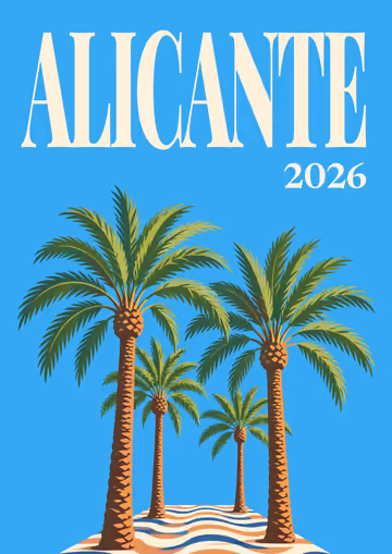 Alicante illustrated travel photo book cover with the palm promenade artwork