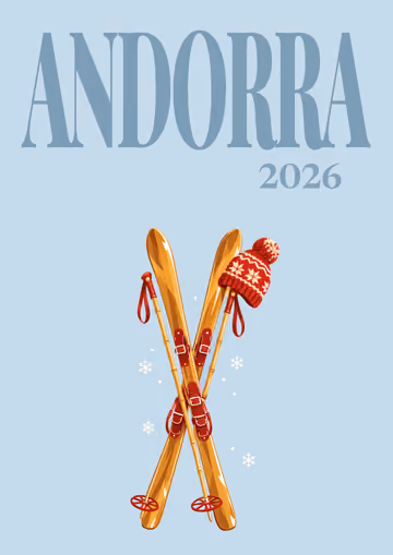 Andorra illustrated travel photo book cover with the vintage skis and bobble hat artwork