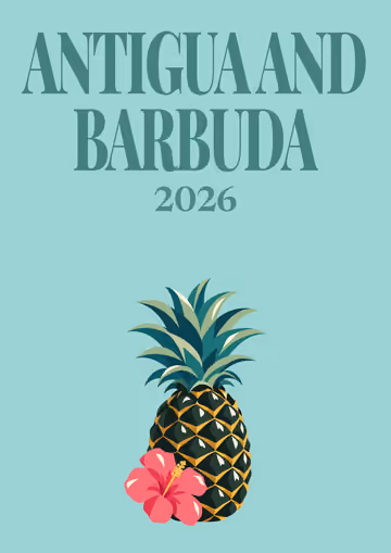 Antigua and Barbuda illustrated travel photo book cover with the Antigua black pineapple artwork