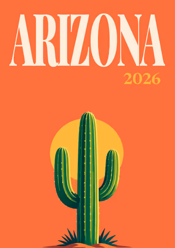 Arizona illustrated travel photo book cover with the saguaro and sun artwork