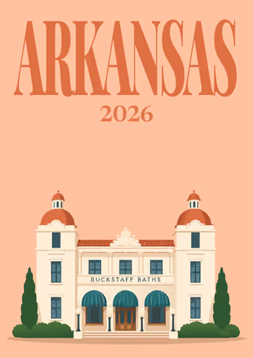 Arkansas illustrated travel photo book cover with the Buckstaff Baths artwork