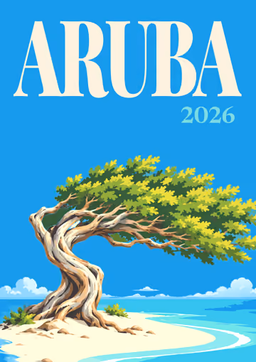 Aruba illustrated travel photo book cover with the divi-divi tree artwork