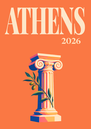 Athens illustrated travel photo book cover with the ionic column and olive artwork