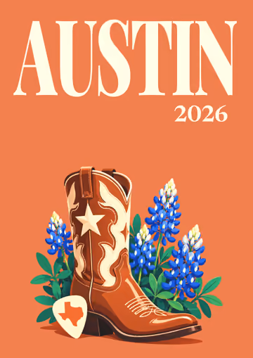 Austin illustrated travel photo book cover with the boot and bluebonnets artwork