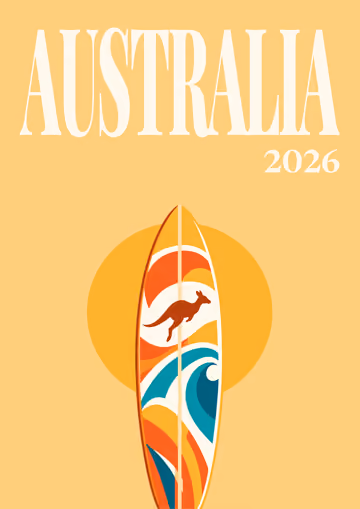 Australia illustrated travel photo book cover with the surfboard artwork