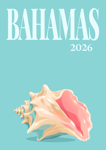 Bahamas illustrated travel photo book cover with the queen conch artwork