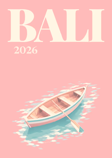 Bali illustrated travel photo book cover with the rowboat artwork
