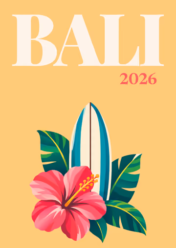 Bali illustrated travel photo book cover with the surfboard and hibiscus artwork
