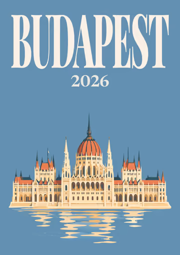 Budapest illustrated travel photo book cover with the parliament artwork in blue