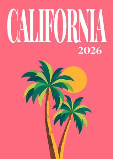 California illustrated travel photo book cover with the palms and sun artwork in pink