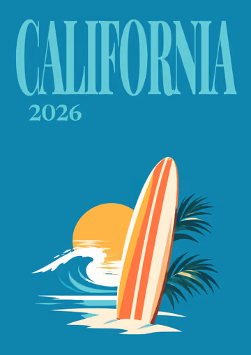 California illustrated travel photo book cover with the surfboard and wave artwork