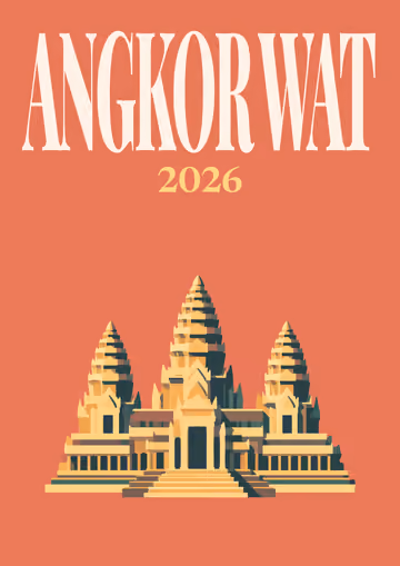 Angkor Wat illustrated travel photo book cover with the temple of Angkor Wat on coral