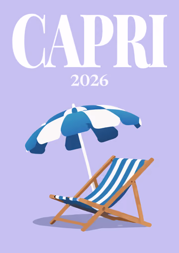 Capri illustrated travel photo book cover with the umbrella and deckchair artwork