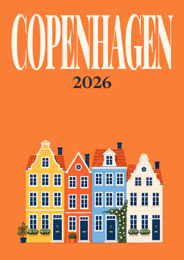 Copenhagen illustrated travel photo book cover with the Nyhavn houses artwork