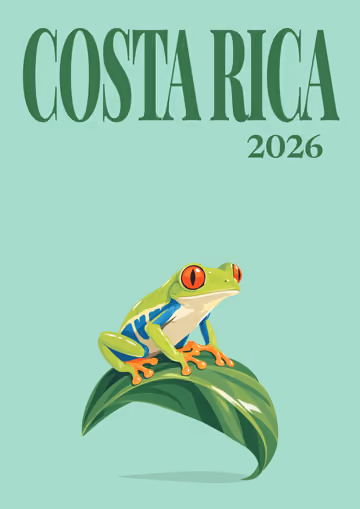 Costa Rica illustrated travel photo book cover with the red-eyed tree frog artwork
