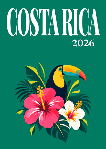 Costa Rica illustrated travel photo book cover with the toucan and hibiscus artwork