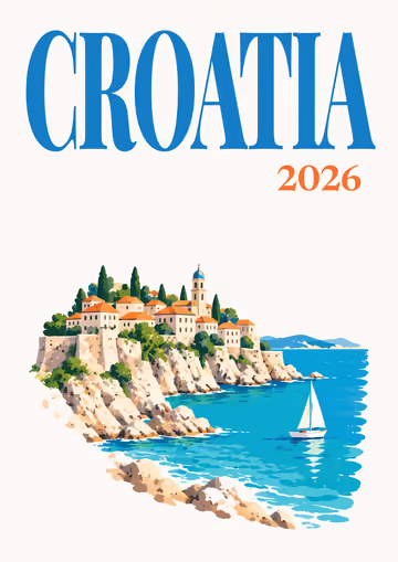 Croatia illustrated travel photo book cover with the Adriatic cliff town artwork