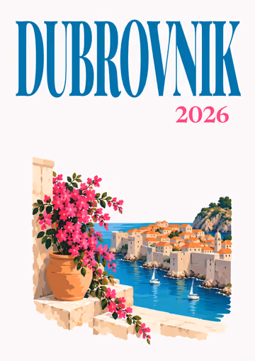 Dubrovnik illustrated travel photo book cover with the Dubrovnik and bougainvillea artwork