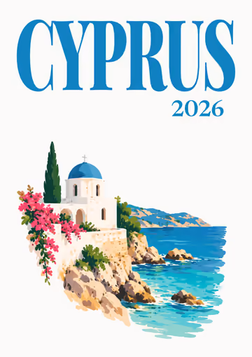 Cyprus illustrated travel photo book cover with the chapel and bougainvillea artwork