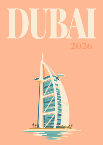 Dubai illustrated travel photo book cover with the Burj Al Arab artwork in peach