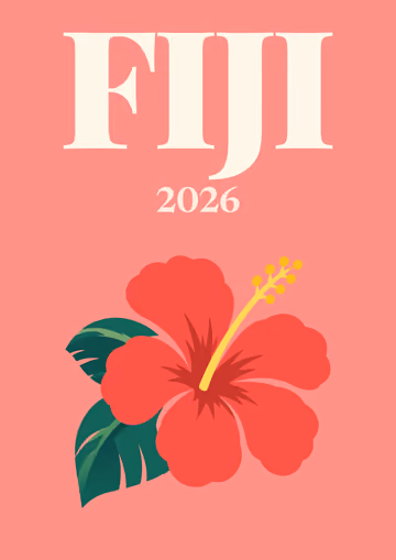 Fiji illustrated travel photo book cover with the hibiscus artwork on coral