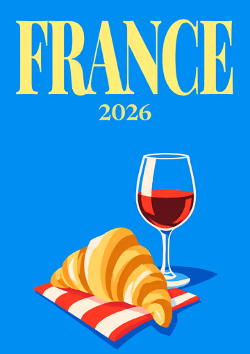 France illustrated travel photo book cover with the croissant and wine artwork