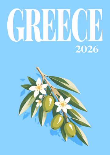 Greece illustrated travel photo book cover with the olive branch artwork
