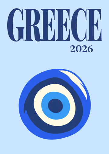 Greece illustrated travel photo book cover with a blue evil eye charm on pale blue