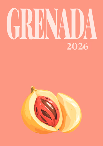 Grenada illustrated travel photo book cover with the nutmeg artwork