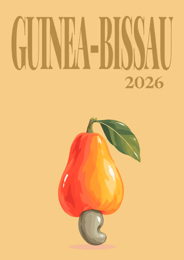 Guinea-Bissau illustrated travel photo book cover with the cashew fruit artwork