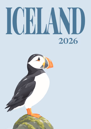 Iceland illustrated travel photo book cover with the puffin artwork