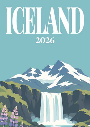 Iceland illustrated travel photo book cover with the waterfall and lupins artwork