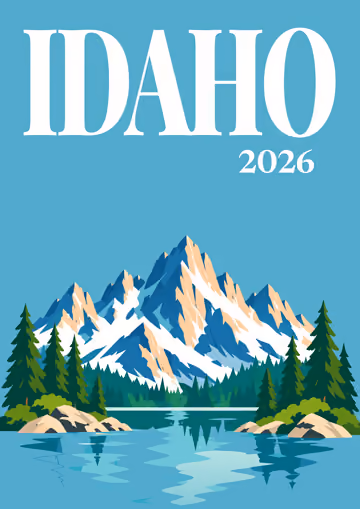 Idaho illustrated travel photo book cover with the mountain lake artwork