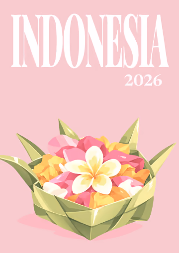 Indonesia illustrated travel photo book cover with the canang offering artwork
