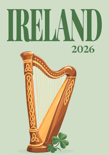 Ireland illustrated travel photo book cover with the Celtic harp artwork