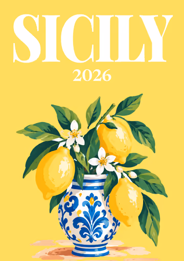 Sicily illustrated travel photo book cover with the lemons and majolica vase artwork