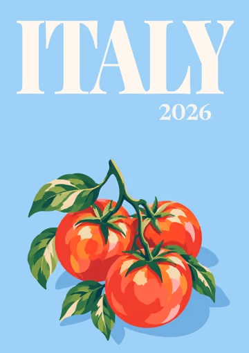 Italy illustrated travel photo book cover with the tomatoes artwork
