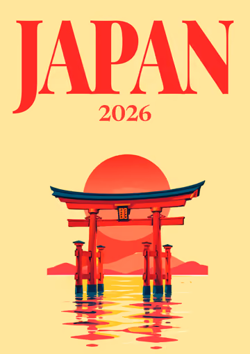 Japan illustrated travel photo book cover with the torii at sunset artwork
