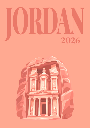 Jordan illustrated travel photo book cover with the Petra Treasury artwork