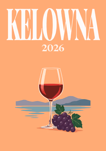 Kelowna illustrated travel photo book cover with the red wine and grapes artwork