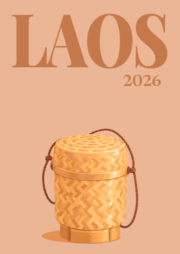 Laos illustrated travel photo book cover with the sticky rice basket artwork